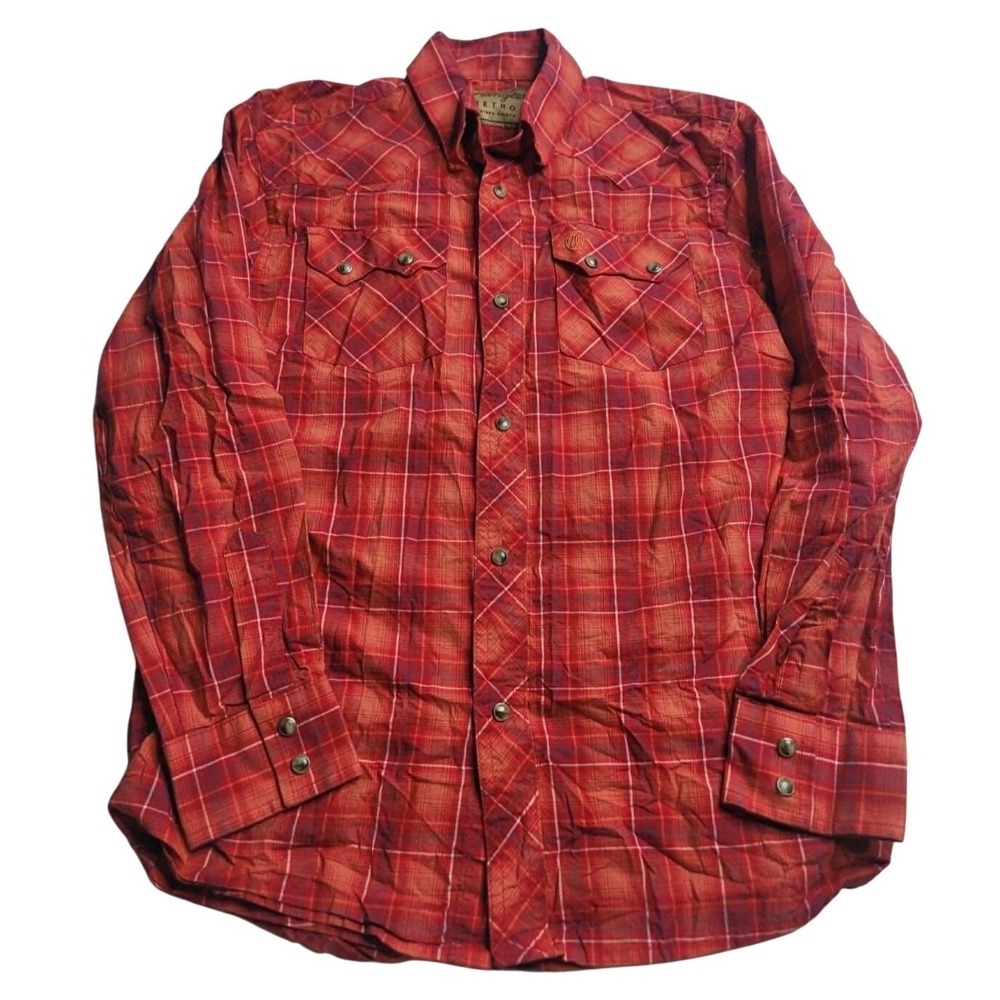 Wrangler Retro Pearl Snap Red Plaid Long Sleeve Shirt Boy's L 10-12 100% Cotton